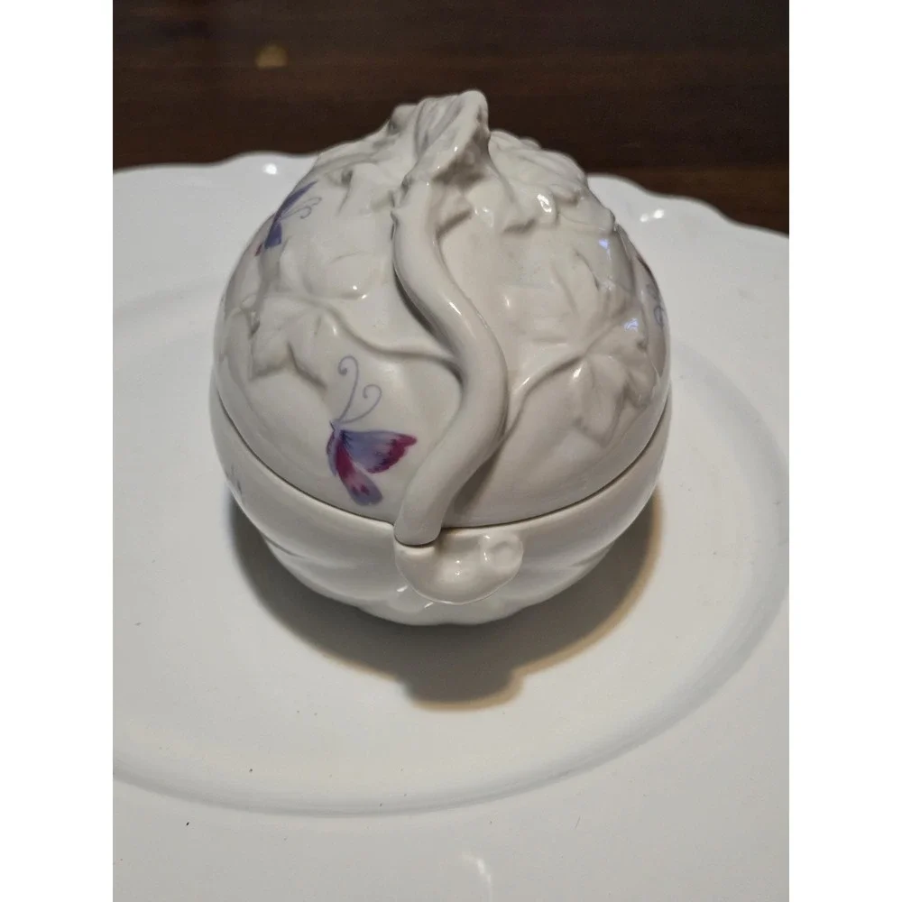 Vintage Charles Revson Inc Ciara Porcelain Egg Trinket Dish Featuring butterflie